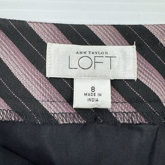 Ann Taylor Loft Skirt 8 Black Purple Stripe Button Detail Pleated Front Lined - Picture 3 of 10